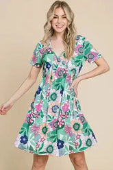 BOMBOM Ruched Floral V-Neck Short Sleeve Dress - Femstylo