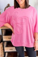 Clearly Aqua Solid Color Floral Patched Half Sleeve Tunic Top - Femstylo