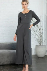 Dark Grey Henley Long Sleeve Wide Leg Jumpsuit with Pockets - Femstylo