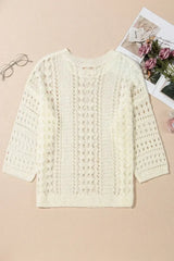 White Hollow Out Knit Bracelet Sleeve Drop Shoulder Sweater - Femstylo