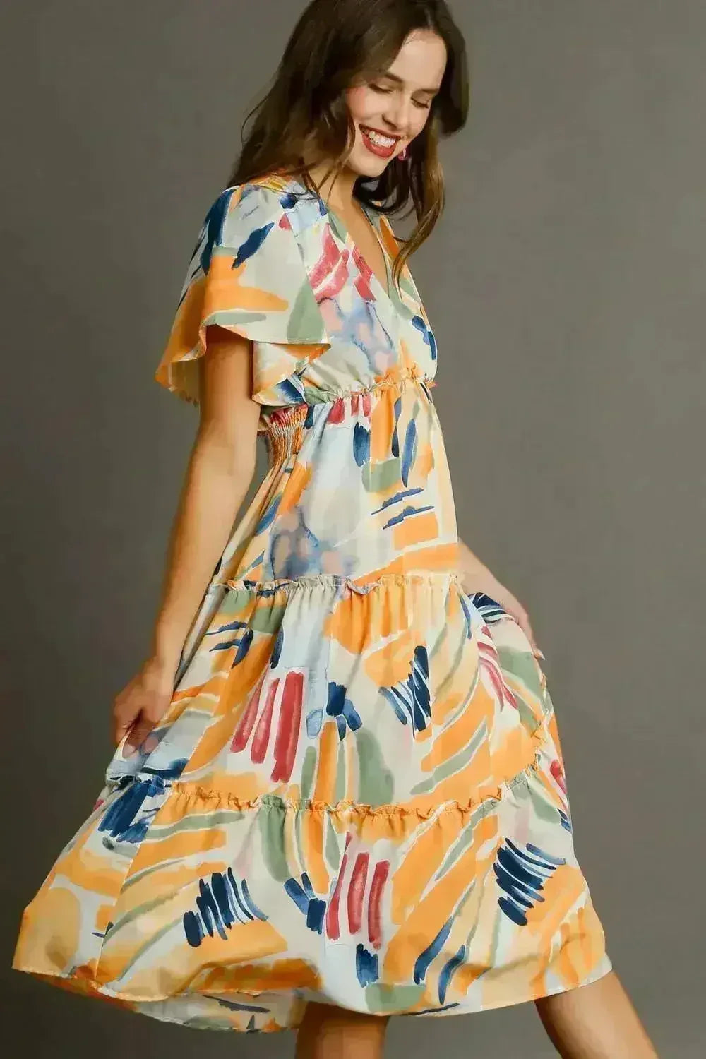 Umgee Abstract Print Midi Dress – Flutter Sleeves & Tiered Frill Detail - Femstylo