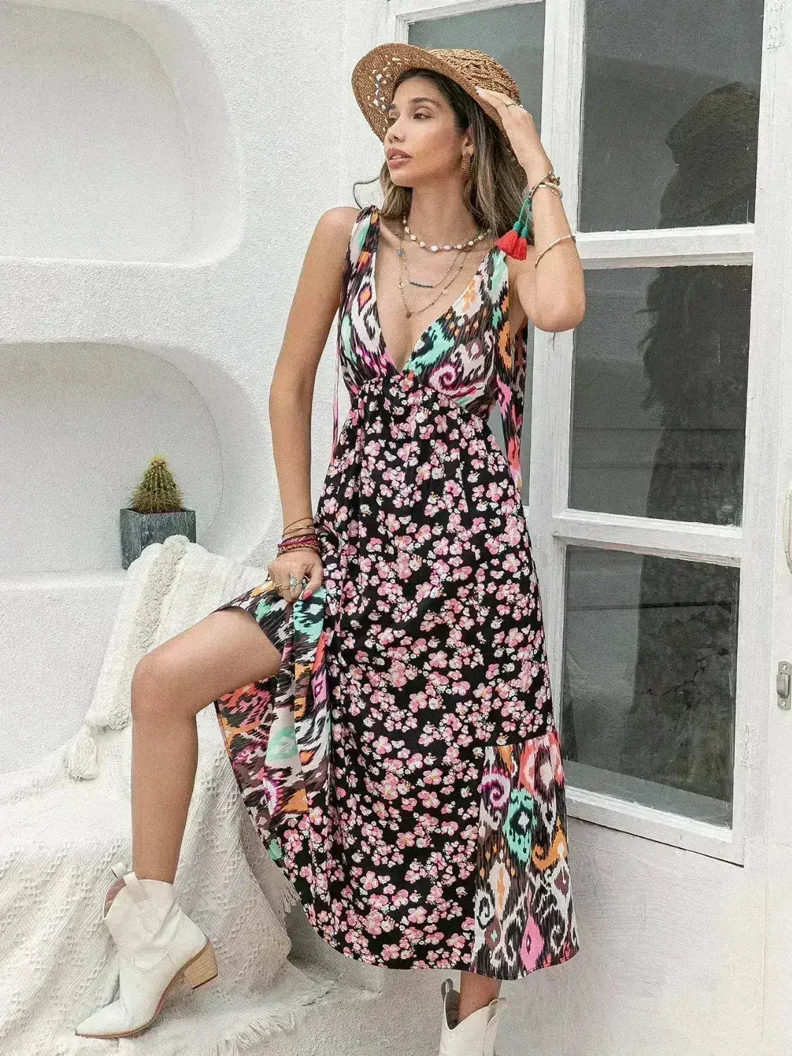 Printed Plunge Midi Dress | Sleeveless Tied Waist | Polyester - Femstylo