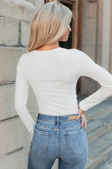 White Ribbed Long Sleeve Crew Neck Solid Color Bodysuit