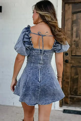 Blue Frill Square Neck Puff Sleeve Backless Denim Dress - Femstylo