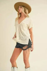 Aemi + Co Side Slit V-Neck Short Rolled Sleeve T-Shirt - Femstylo