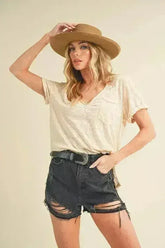 Aemi + Co Side Slit V-Neck Short Rolled Sleeve T-Shirt - Femstylo