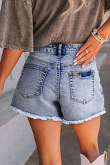 Beau Blue Pearl Studded Pocket Raw Hem Denim Shorts