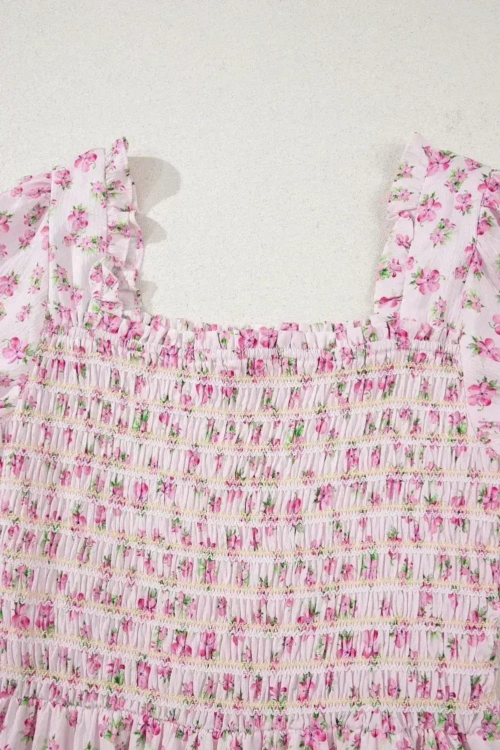 White Frill Neckline Shirred Bodice Floral Maxi Dress - Femstylo