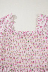 White Frill Neckline Shirred Bodice Floral Maxi Dress - Femstylo