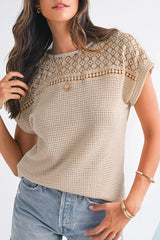 Mist Green Hollow Patchwork Waffle Knit Top