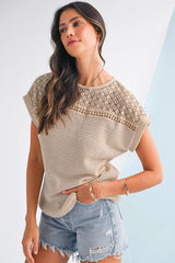 Mist Green Hollow Patchwork Waffle Knit Top