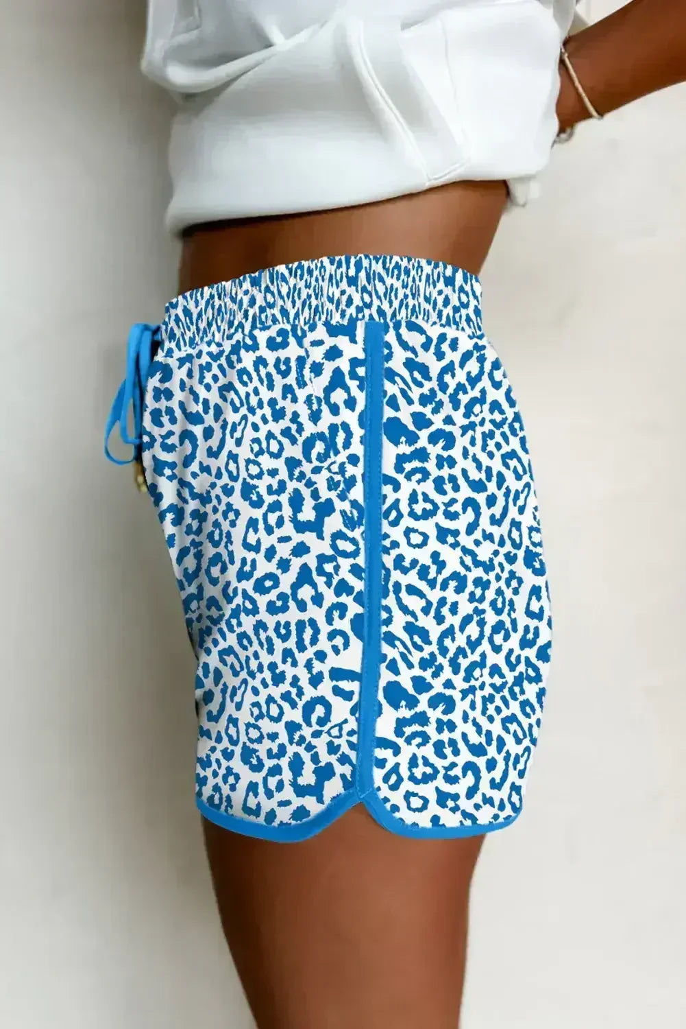 Blue Leopard Elastic Waist Lace up Contrast Trim Casual Shorts - Femstylo