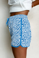 Blue Leopard Elastic Waist Lace up Contrast Trim Casual Shorts