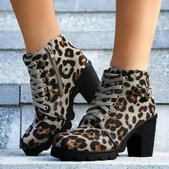 Leopard Print Ankle Boots - Chunky Heel Winter Shoes | Femstylo - Femstylo