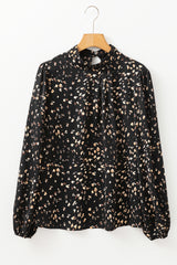 Black Leopard Print Puff Sleeve Mock Neck Pleated Blouse