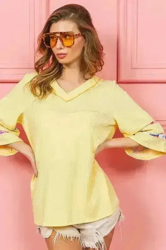 BiBi Cord Rib with Stitched Floral Contrast Top - Femstylo