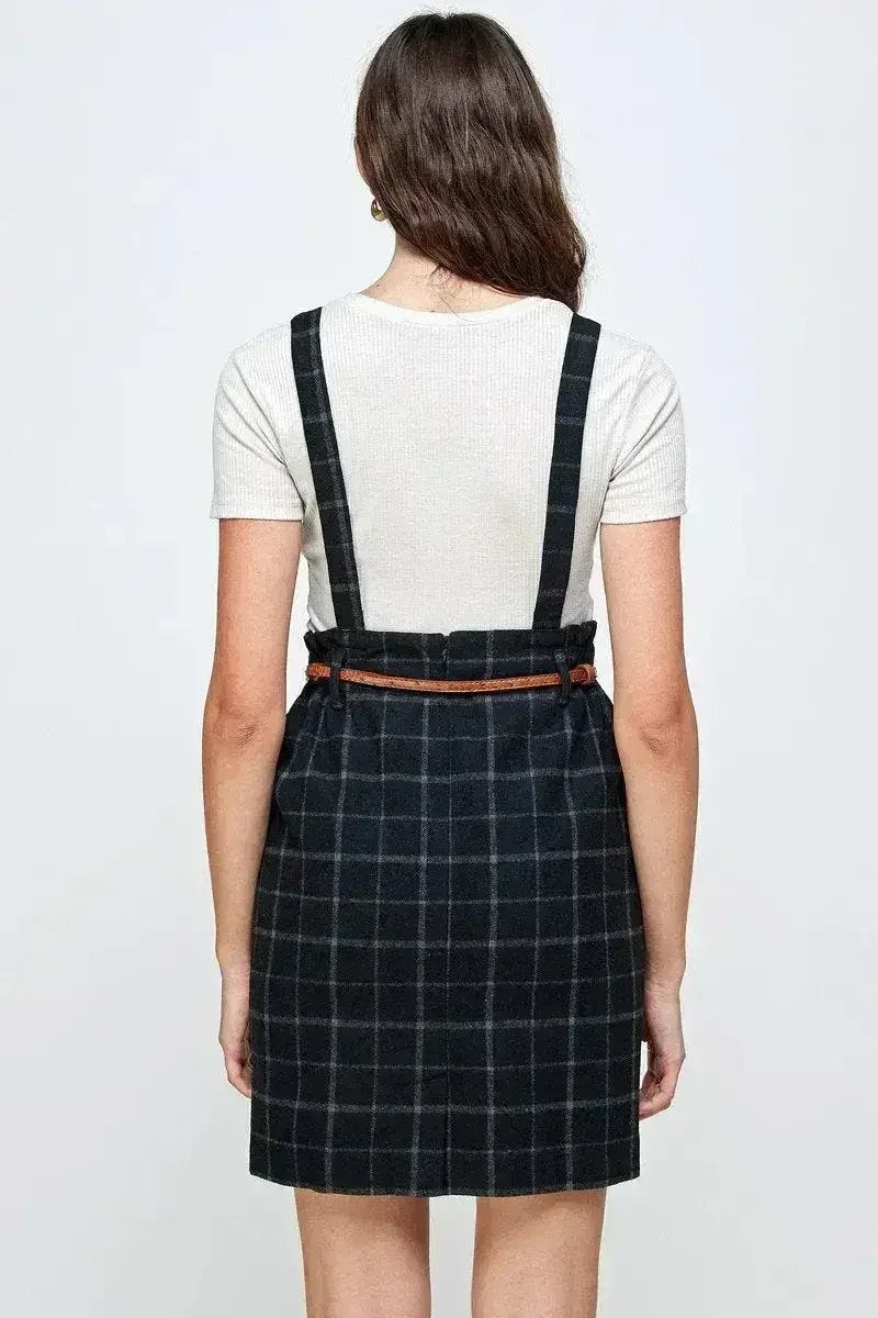 Plaid Suspender Skirt with Belt Detail - Femstylo
