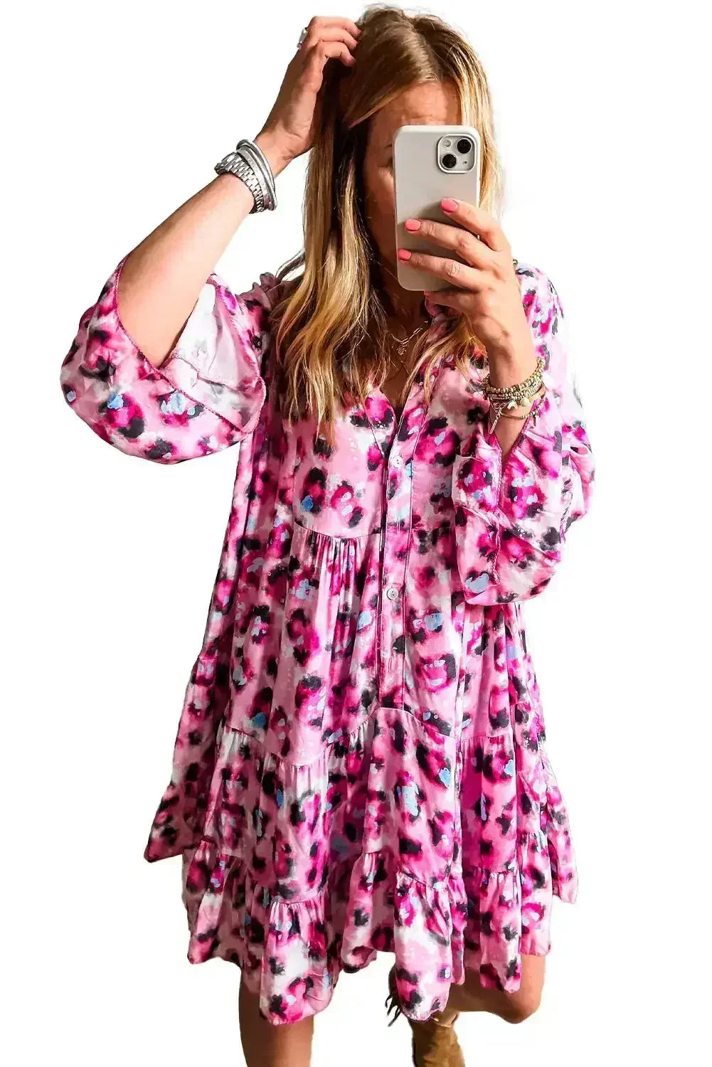 Black Leopard Button V Neck Flowy Mini Dress - Femstylo