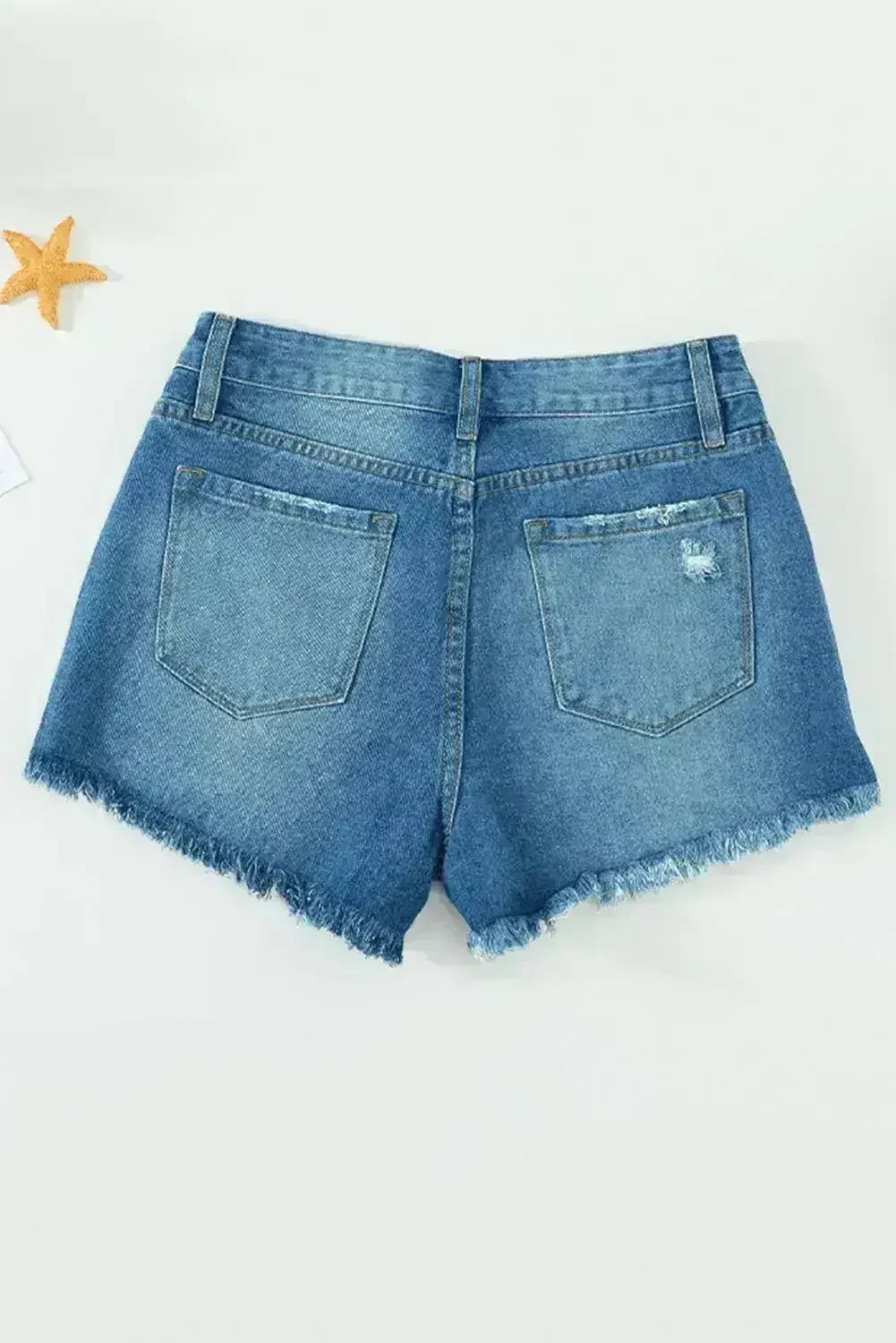 Distressed Mid Rise Frayed Hem Denim Shorts - Femstylo