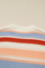 Pink Striped Colorblock Round Neck Drop Shoulder Sweater