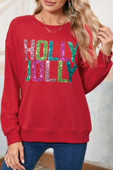 Red HOLLY JOLLY Heat Transfer Printing Graphic Christmas Pullover Sweatshirt