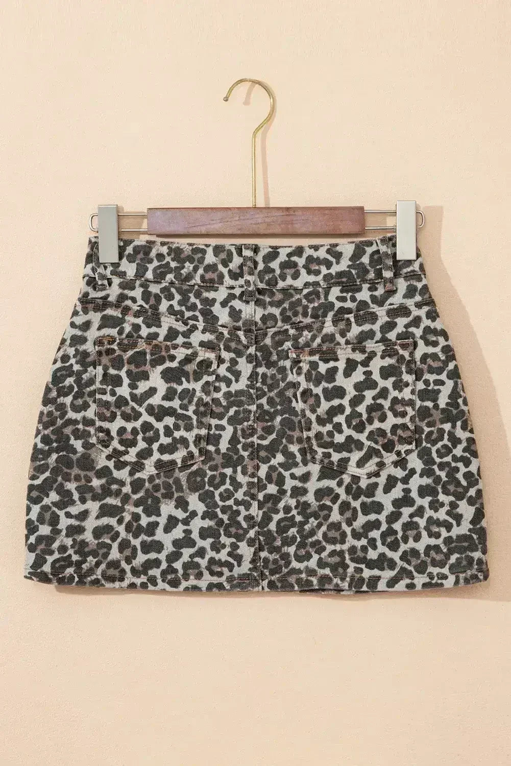 Khaki Allover Leopard Print Denim Mini Skirt - Femstylo