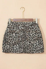 Khaki Allover Leopard Print Denim Mini Skirt - Femstylo