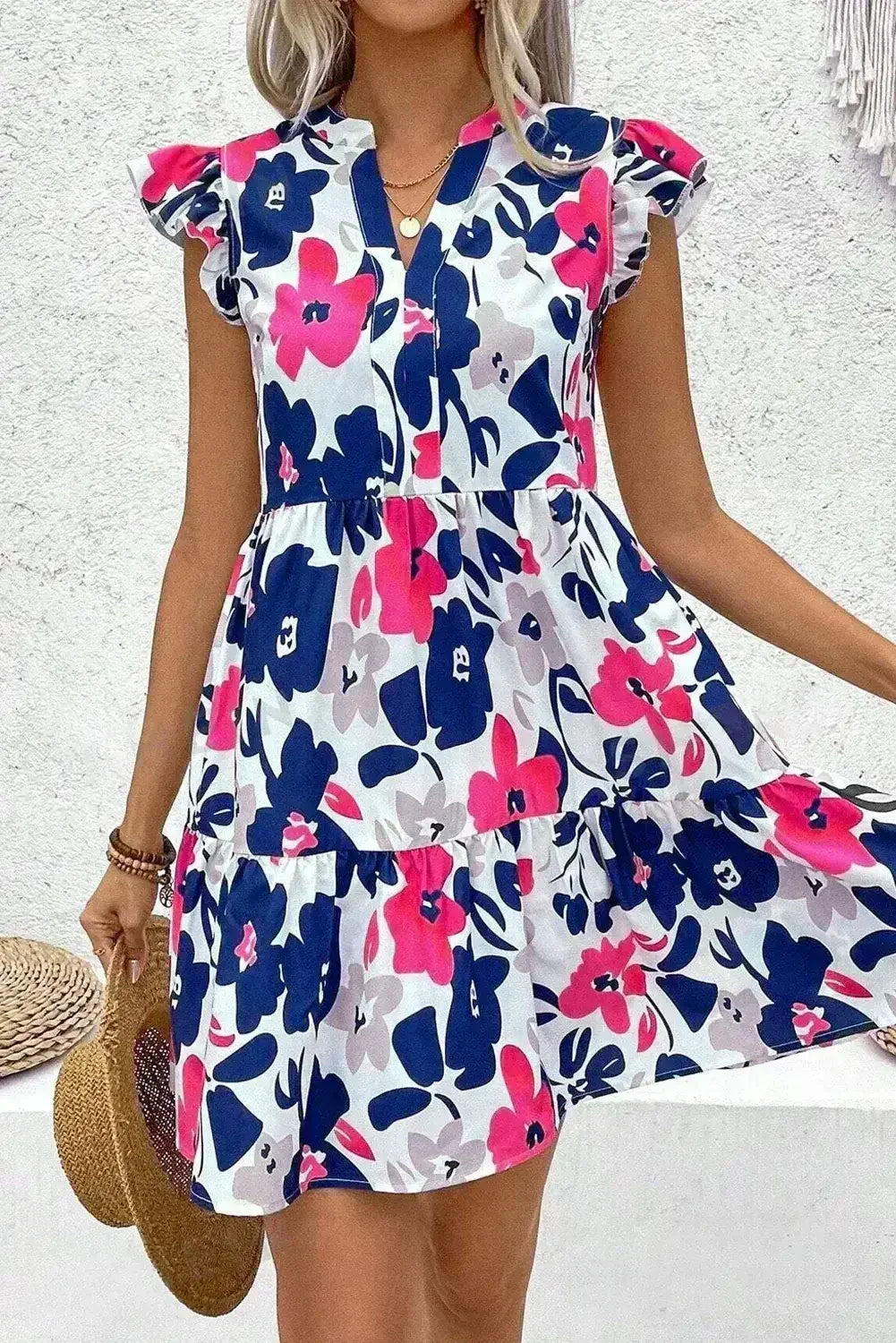Rose Floral Print Notched Neck Flutter Sleeve Mini Dress - Femstylo