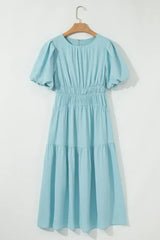 Light Blue Puff Sleeve High Waist Flowy Midi Dress - Femstylo