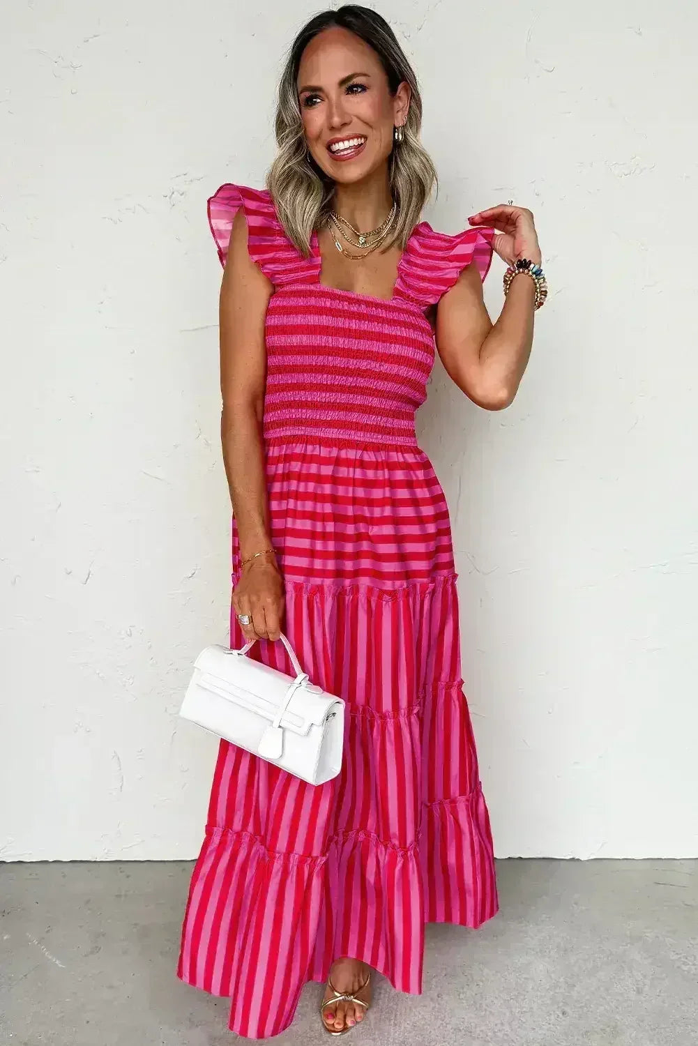 Rose Stripe Ruffle Strap Shirred Bodice Tiered Maxi Dress - Femstylo