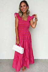 Rose Stripe Ruffle Strap Shirred Bodice Tiered Maxi Dress - Femstylo