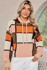 Orange Color Block Waffle Knit Drawstring Mock Neck Sweater - Femstylo