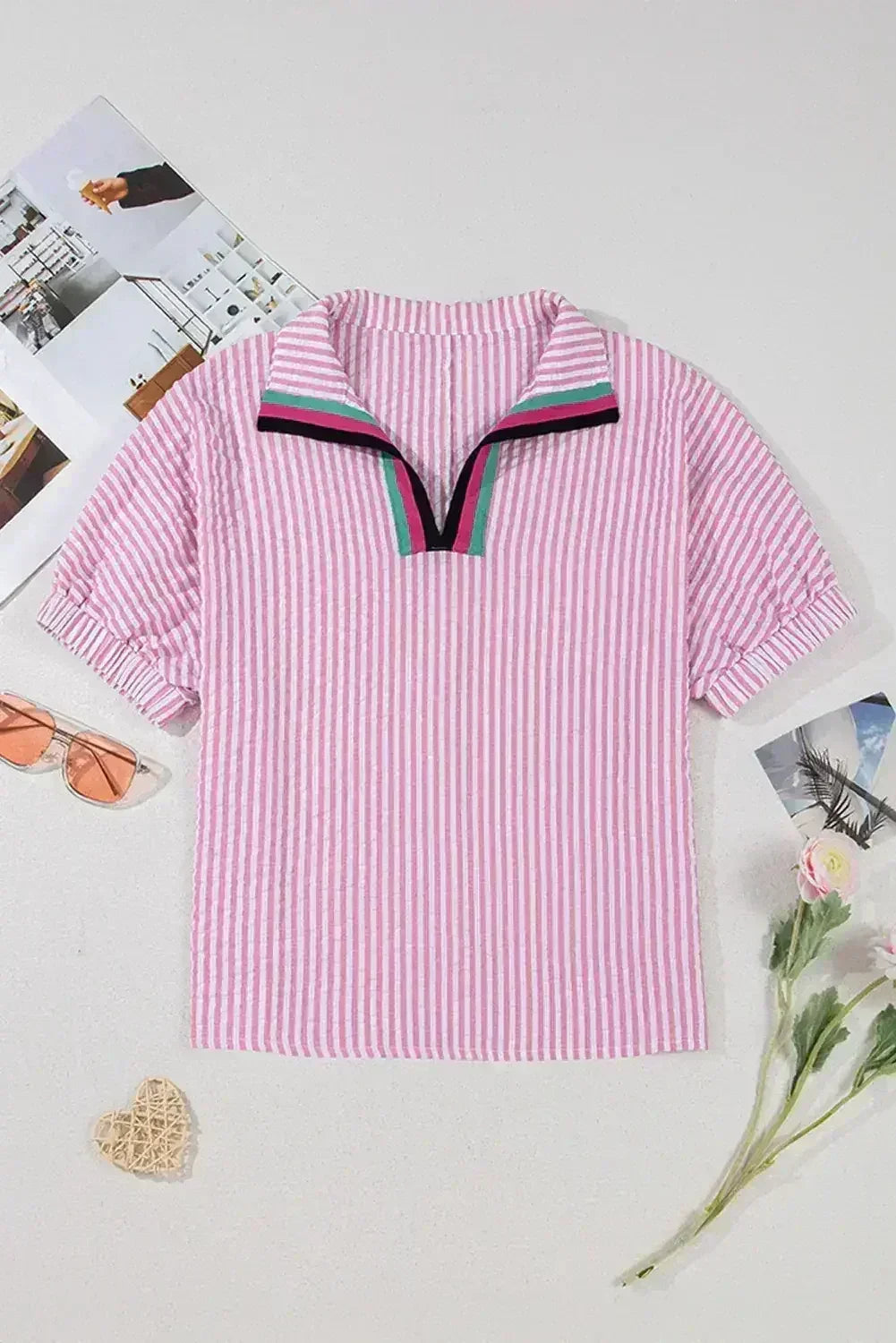 Sachet Pink Striped Dolman Sleeve Color Neckline Blouse | Femstylo - Femstylo