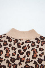 Khaki Leopard Print High Neck Shift Mini Sweater Dress - Femstylo