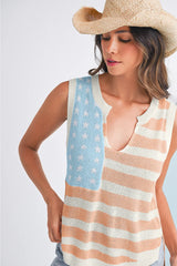 Beige USA Flag Notched Neckline Loose Knit Vest