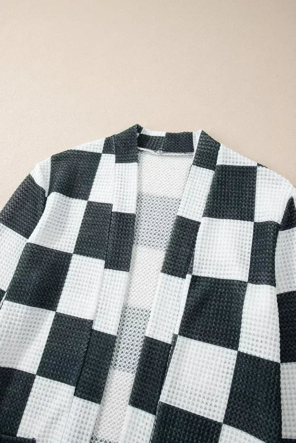 Black Checkered Waffle Knit Thumbhole Open Front Cardigan - Femstylo