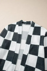 Black Checkered Waffle Knit Thumbhole Open Front Cardigan - Femstylo
