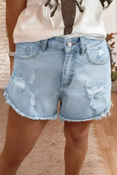 Beau Blue High Rise Distressed Raw Hem Denim Shorts - Femstylo