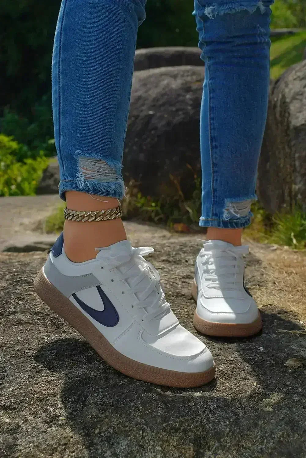 Navy Blue PU Leather Lace Up Sneakers - Femstylo