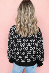 Black Cute Bow Pattern Drop Shoulder Zipped Collar Sweater - Femstylo