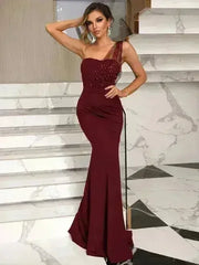 Rhinestone One-Shoulder Formal Dress – Elegant Evening Gown - Femstylo