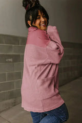 Pink Waffle Long Sleeve Collared Half Button Relaxed Fit Top - Femstylo