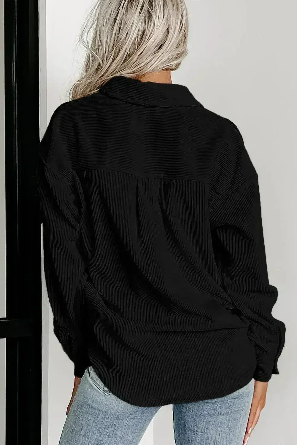 Black Houndstooth Corduroy Patchwork Flap Pocket Shacket - Femstylo