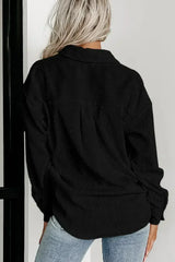 Black Houndstooth Corduroy Patchwork Flap Pocket Shacket - Femstylo