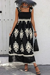Black Boho Print Smocked Ruffle Sleeveless Maxi Dress - Femstylo