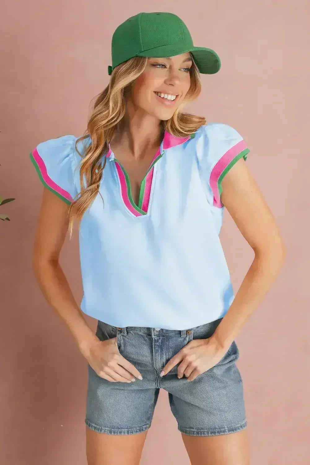 Beau Blue Color Collared V Neck Ruffle Sleeve Blouse | Femstylo - Femstylo