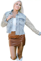 Sky Blue Leopard Patchwork Washed Distressed Denim Jacket - Femstylo