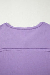 Blue Exposed Seam Drop Sleeve V Neck Waffle Textured Top - Femstylo