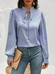 Striped Tie Neck Long Sleeve Blouse – Femstylo - Femstylo