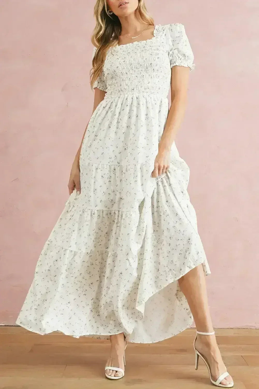 White Frill Neckline Shirred Bodice Floral Maxi Dress - Femstylo